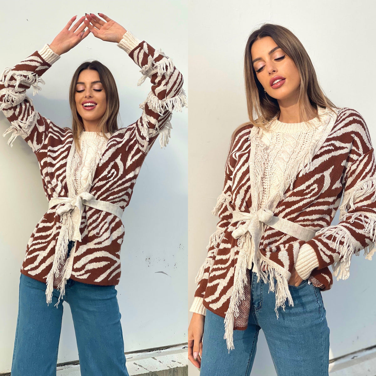 Cardigan zebrato beige con frange e cinta