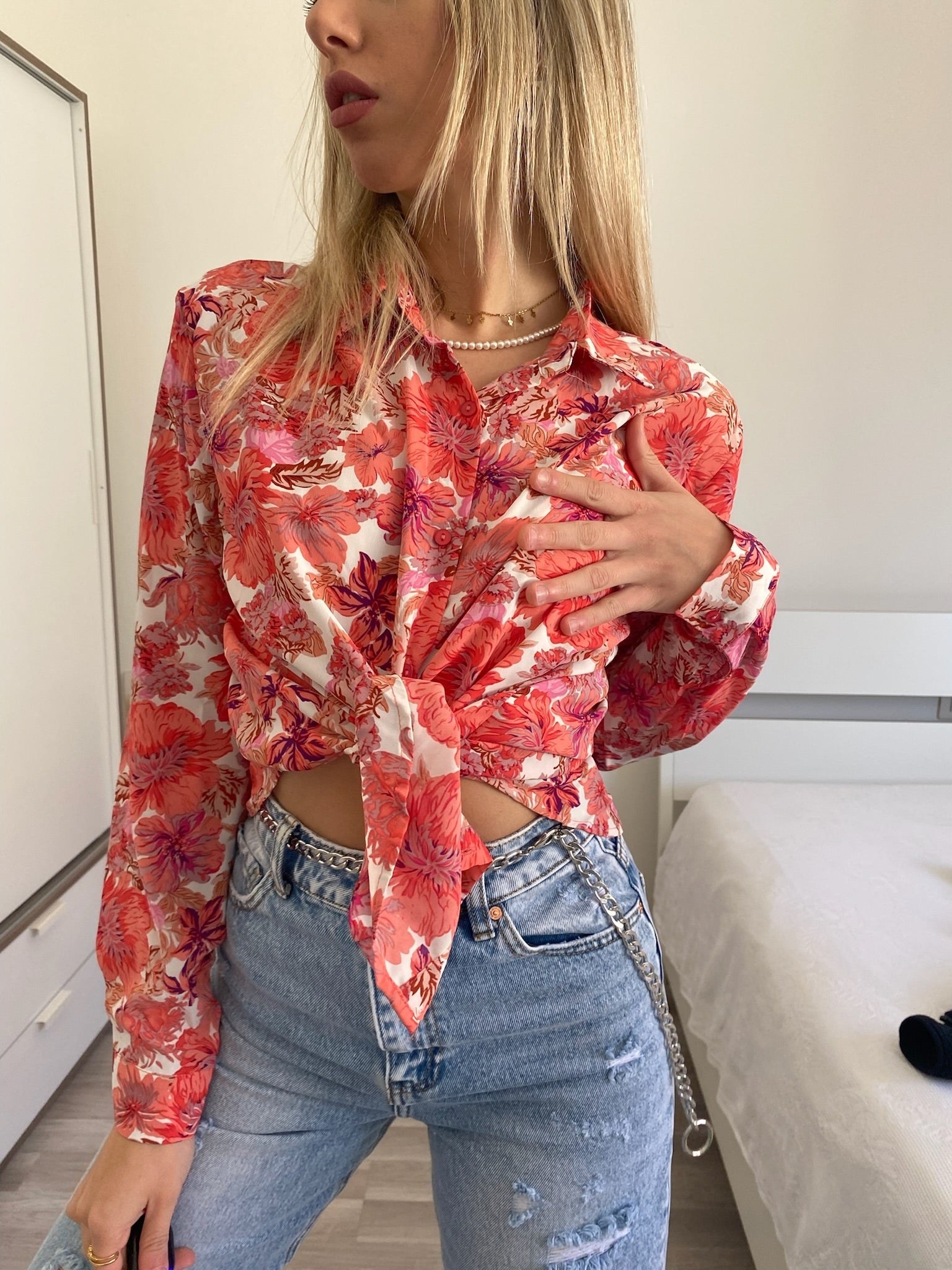 Camicia floreale corallo
