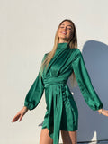 Abito in raso con fusciacca verde smeraldo