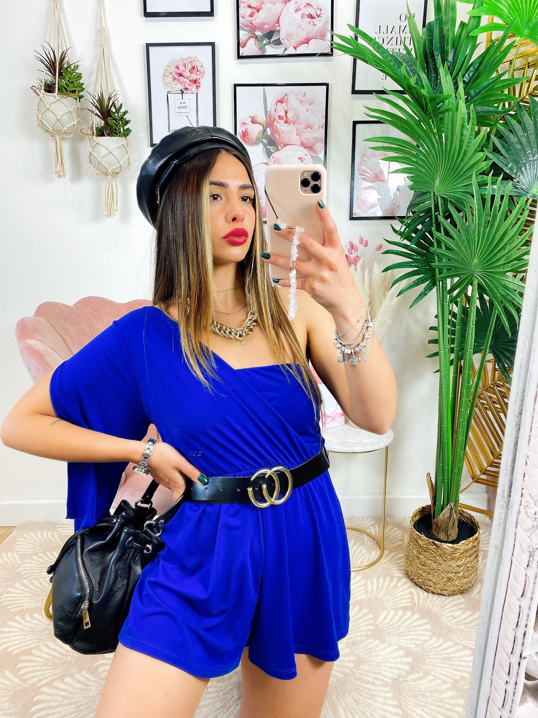Tutina blu monospalla taglio a impero con cintura