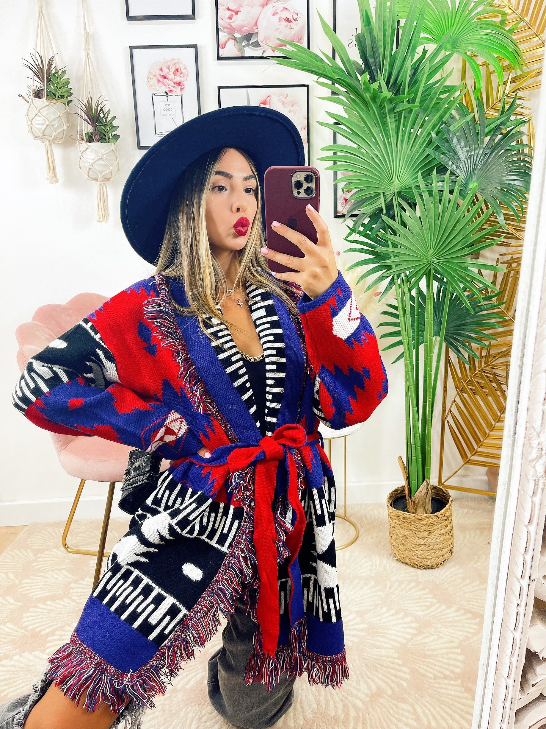 Cardigan con frange rosso blu