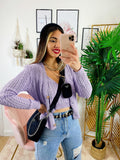 Cardigan primaverile con trecce lilla