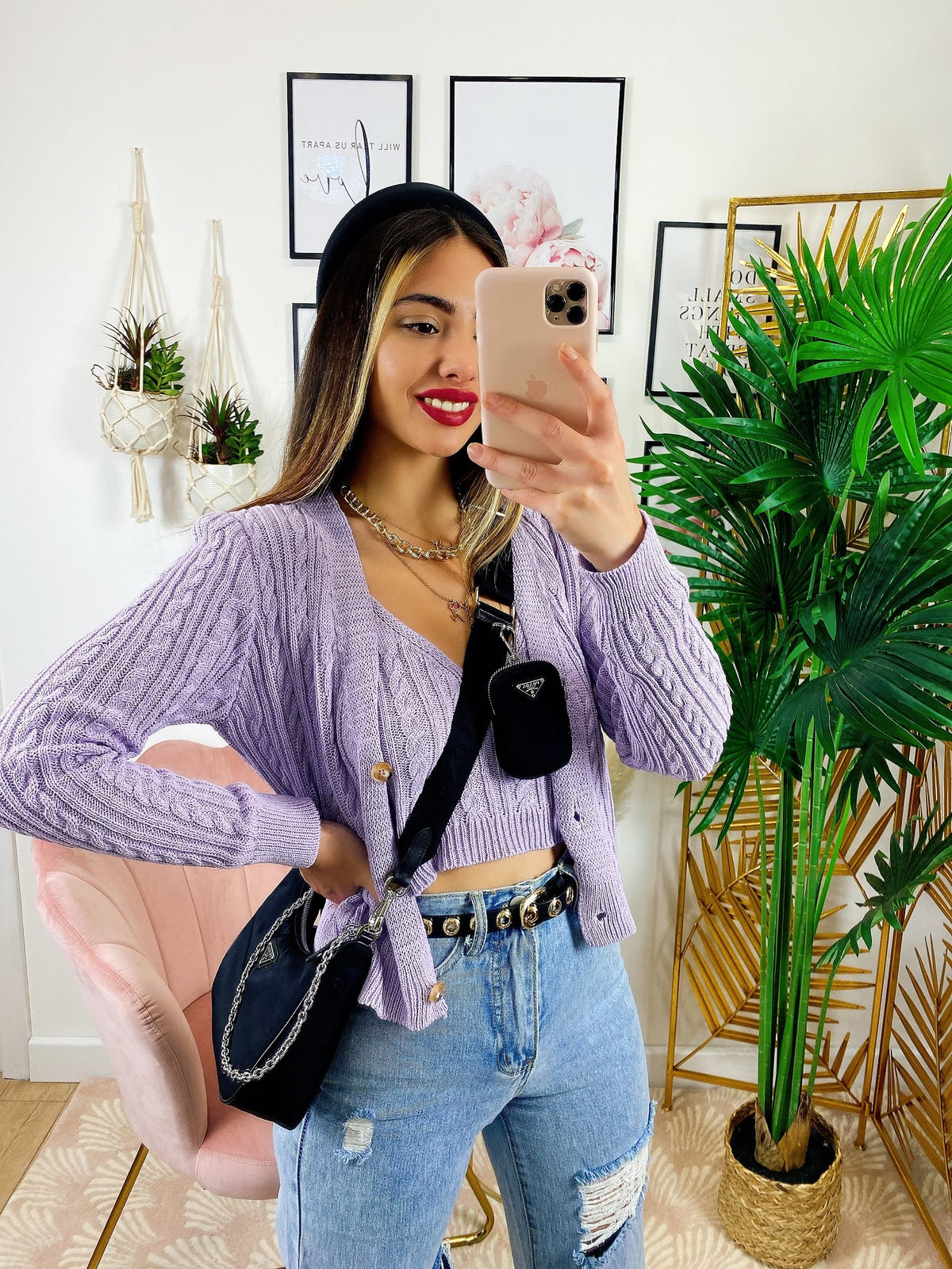 Cardigan primaverile con trecce lilla