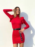 Abito a costine Rosso con Rouches sulle maniche