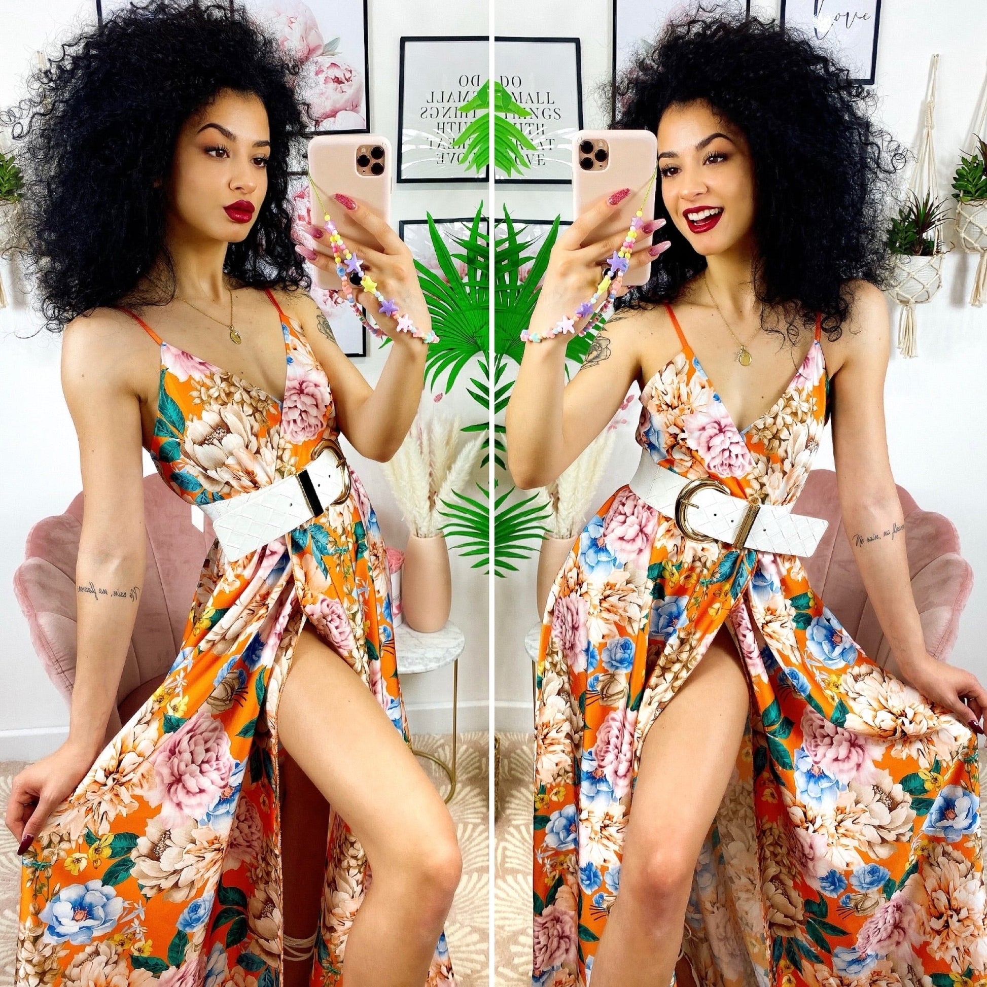 Dress Lungo con maxi spacco fiori arancio