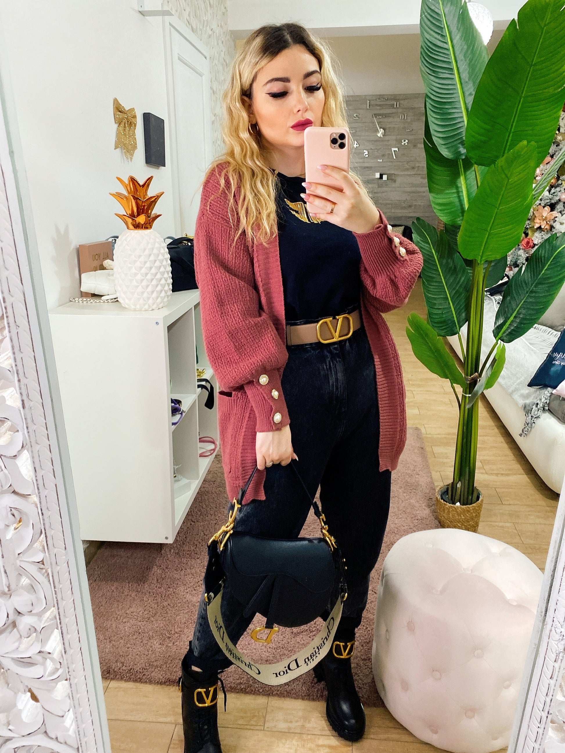 Cardigan manica lunga con perle peonia