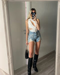 Body con frange e strass monospalla bianco