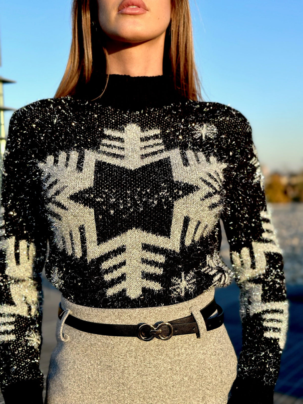Maglione fiocco di neve nero e argento