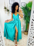 Abito in raso con maxi spacco tiffany