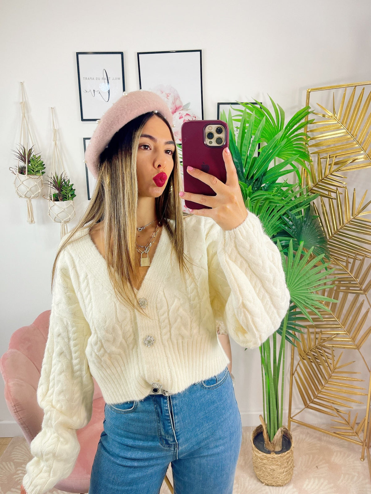 Maglione top quality panna con gioiello in strass