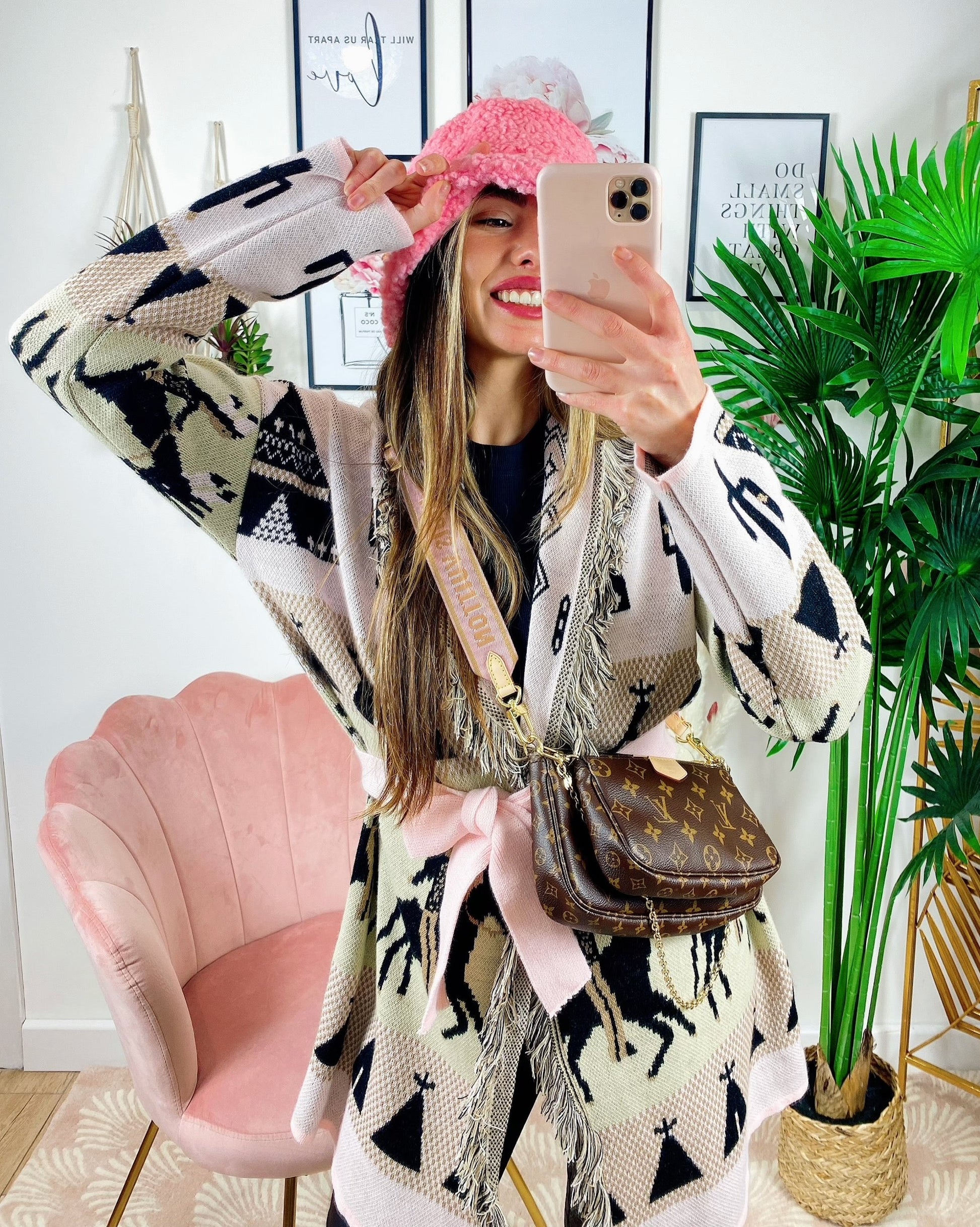 Cardigan frange e cinta con cavallo Rosa