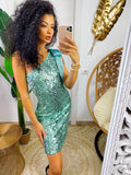 Abito con paillettes verde acqua monospalla con fiocco