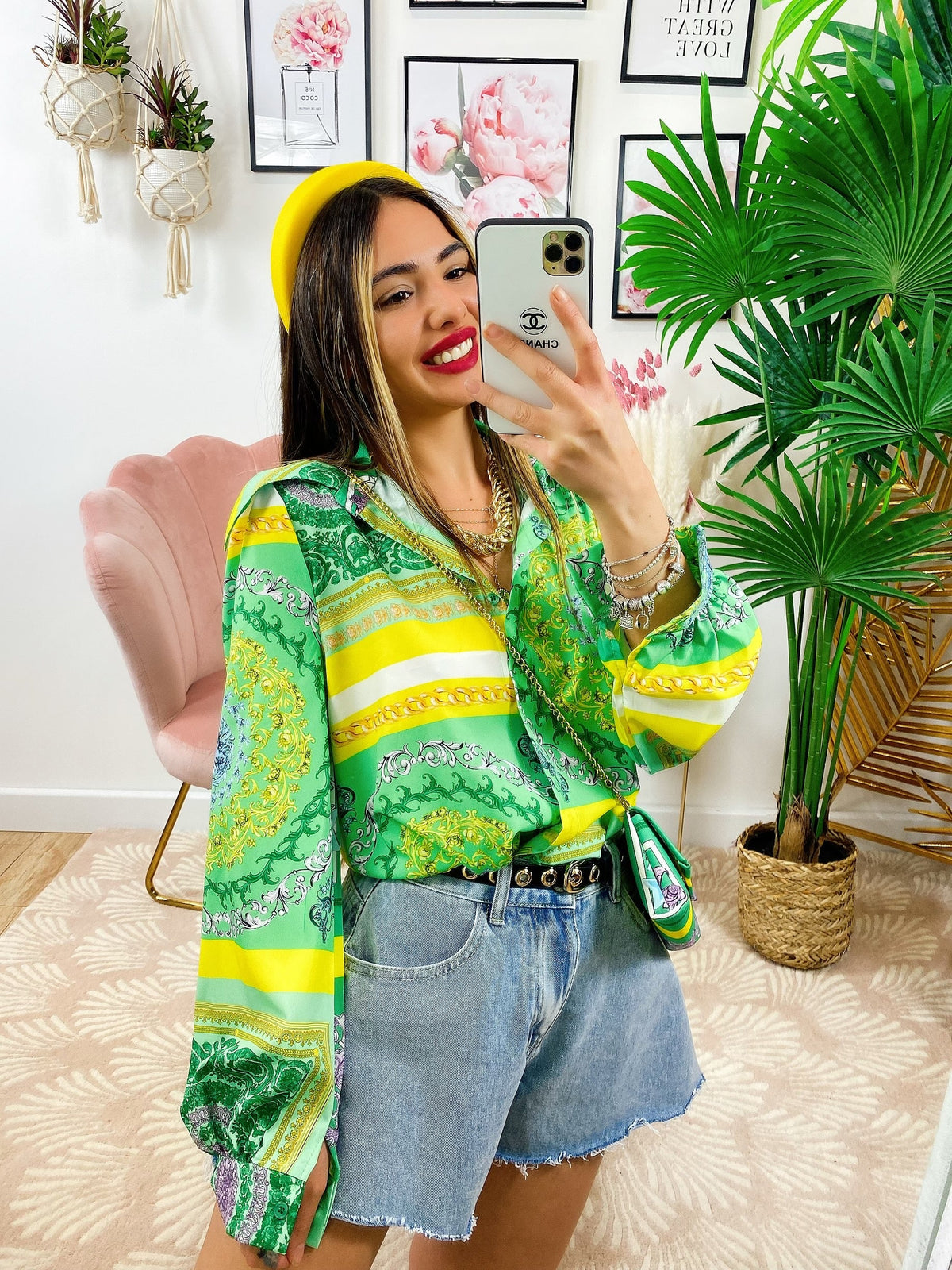 Camicia etnica dettaglio verde con borsetta