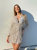 Abito nude frange in paillettes argento