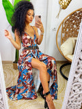 Abito in raso floreale con maxi spacco con foglie