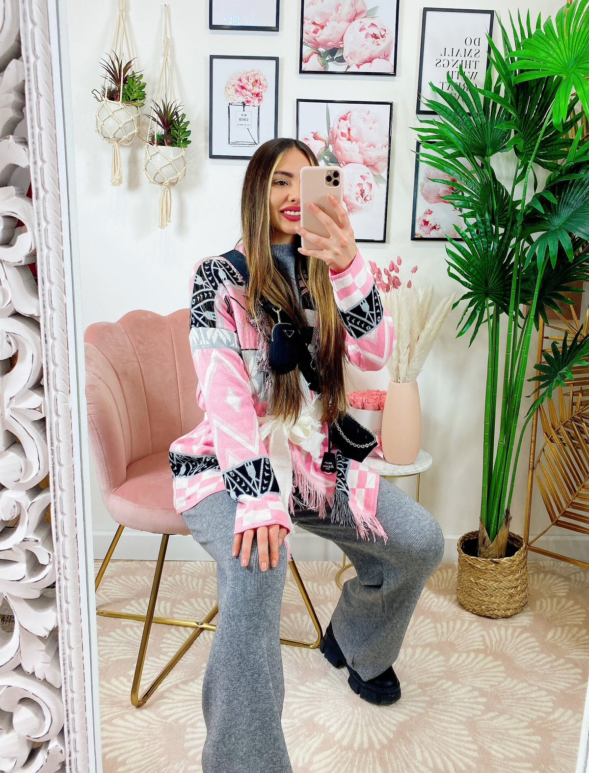 Cardigan con frange e cinta Rosa