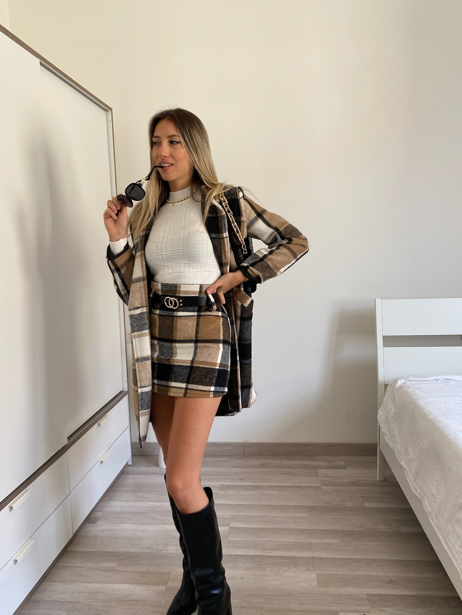 Cappotto check Camel nero