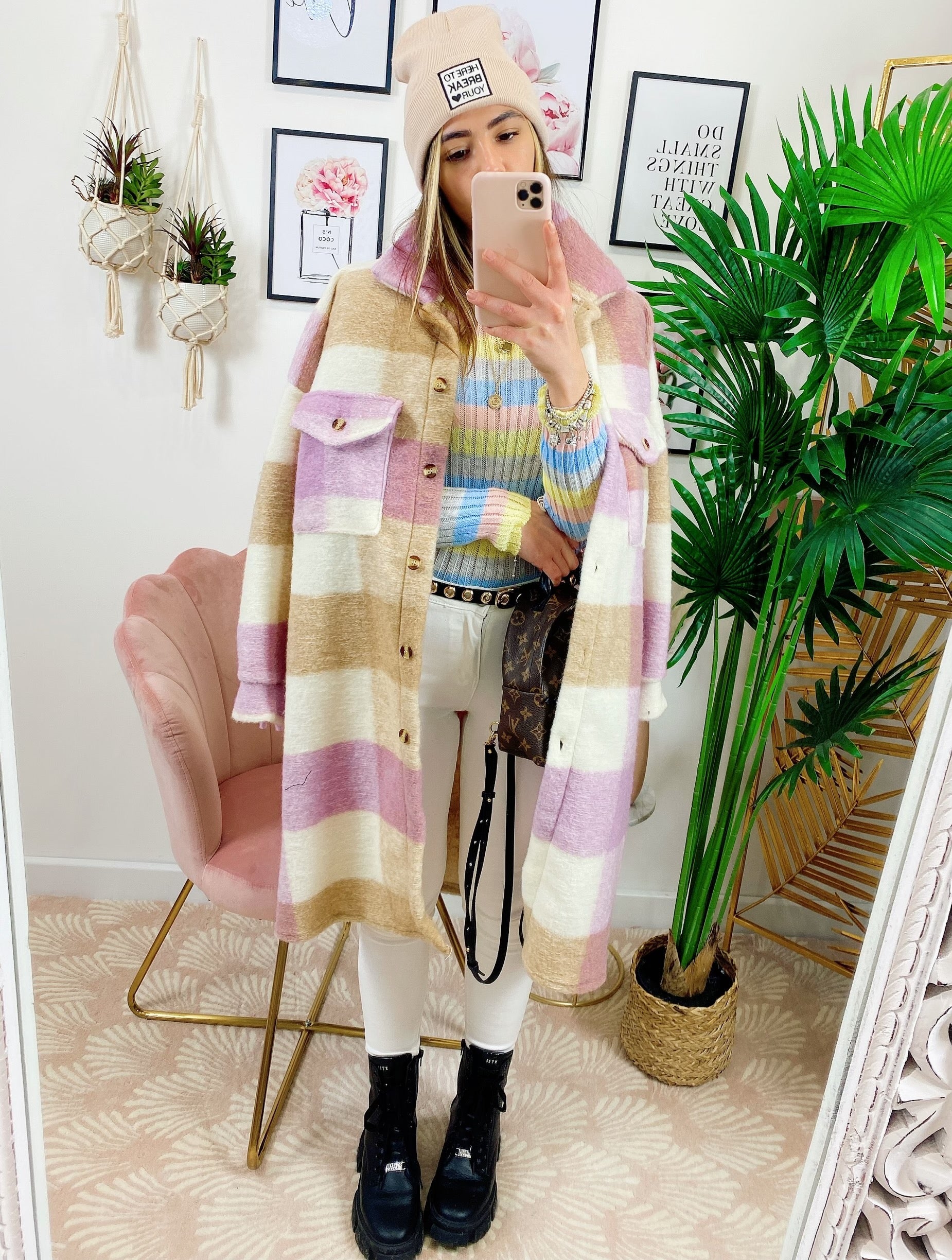 Giacca a quadri lilla/beige lunga con frange