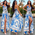 Abito con spacco fiori azzurri