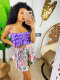 Short a pieghine con fiori sfumati lilla