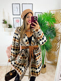 Cardigan lungo con frange e rombi colori tenui