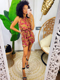 Tutina in raso con fiori base camel