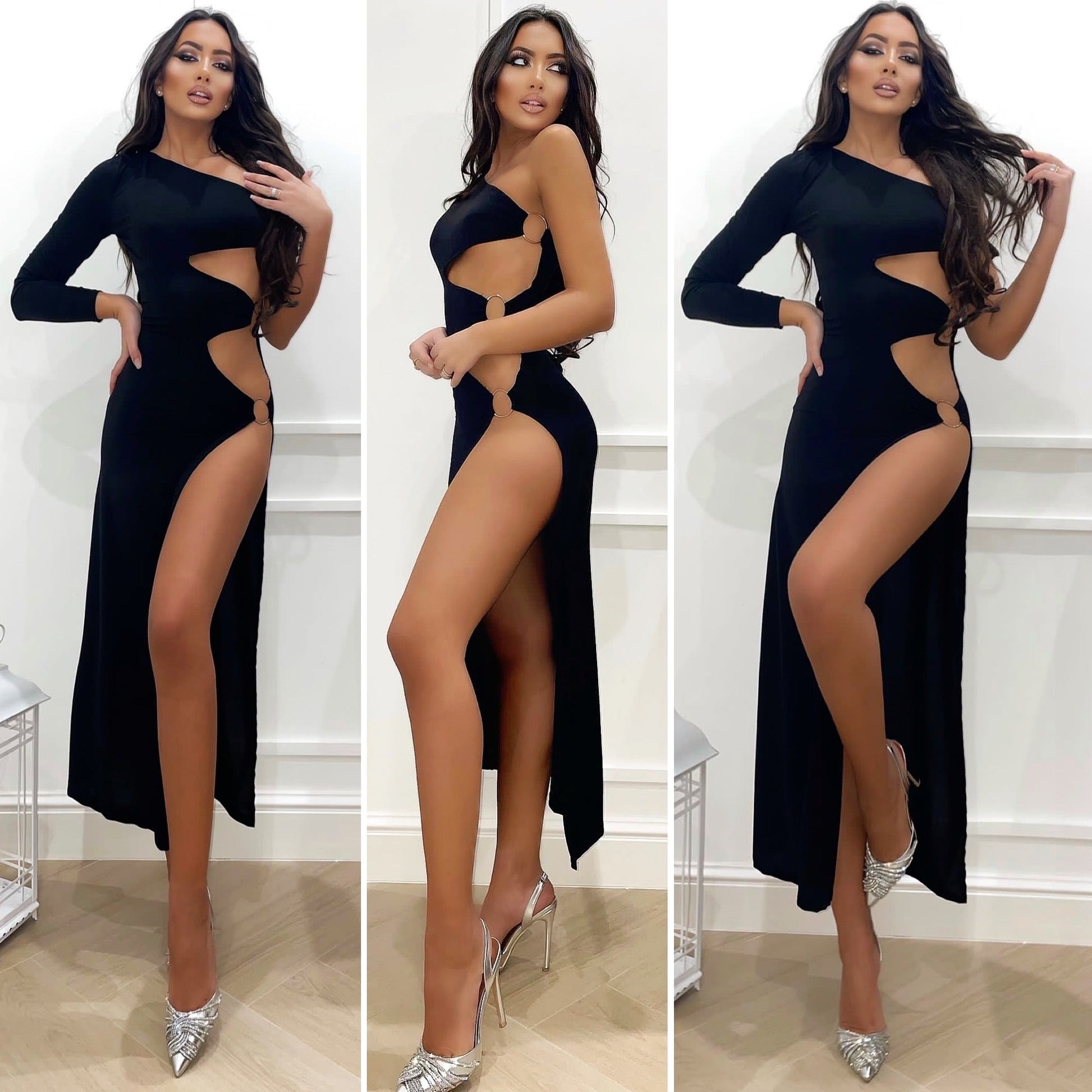Abito nero con spacco e cerchi