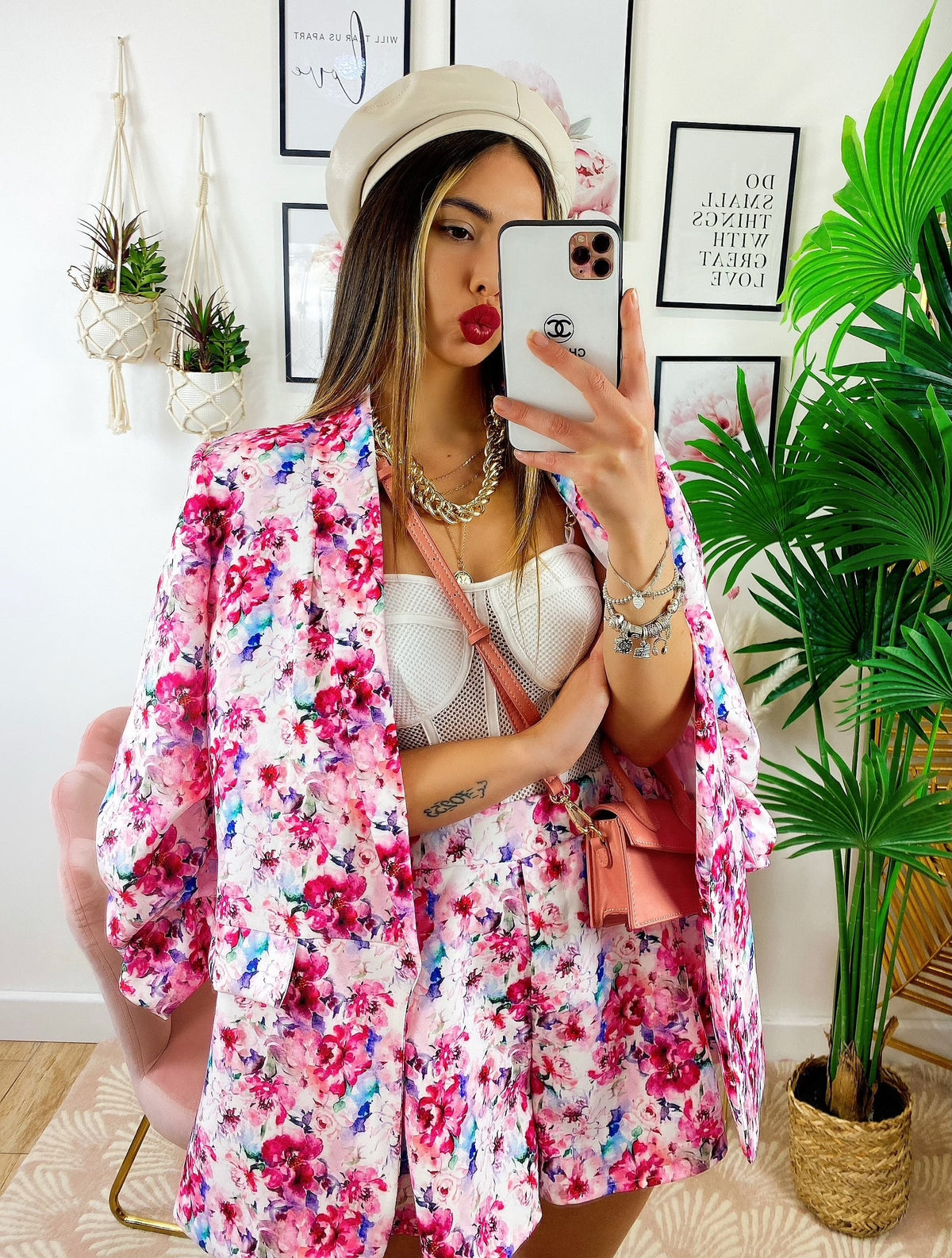 Completo Giacca e Short fiori fucsia