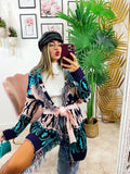 Cardigan con frange e cinta dettaglio Celeste