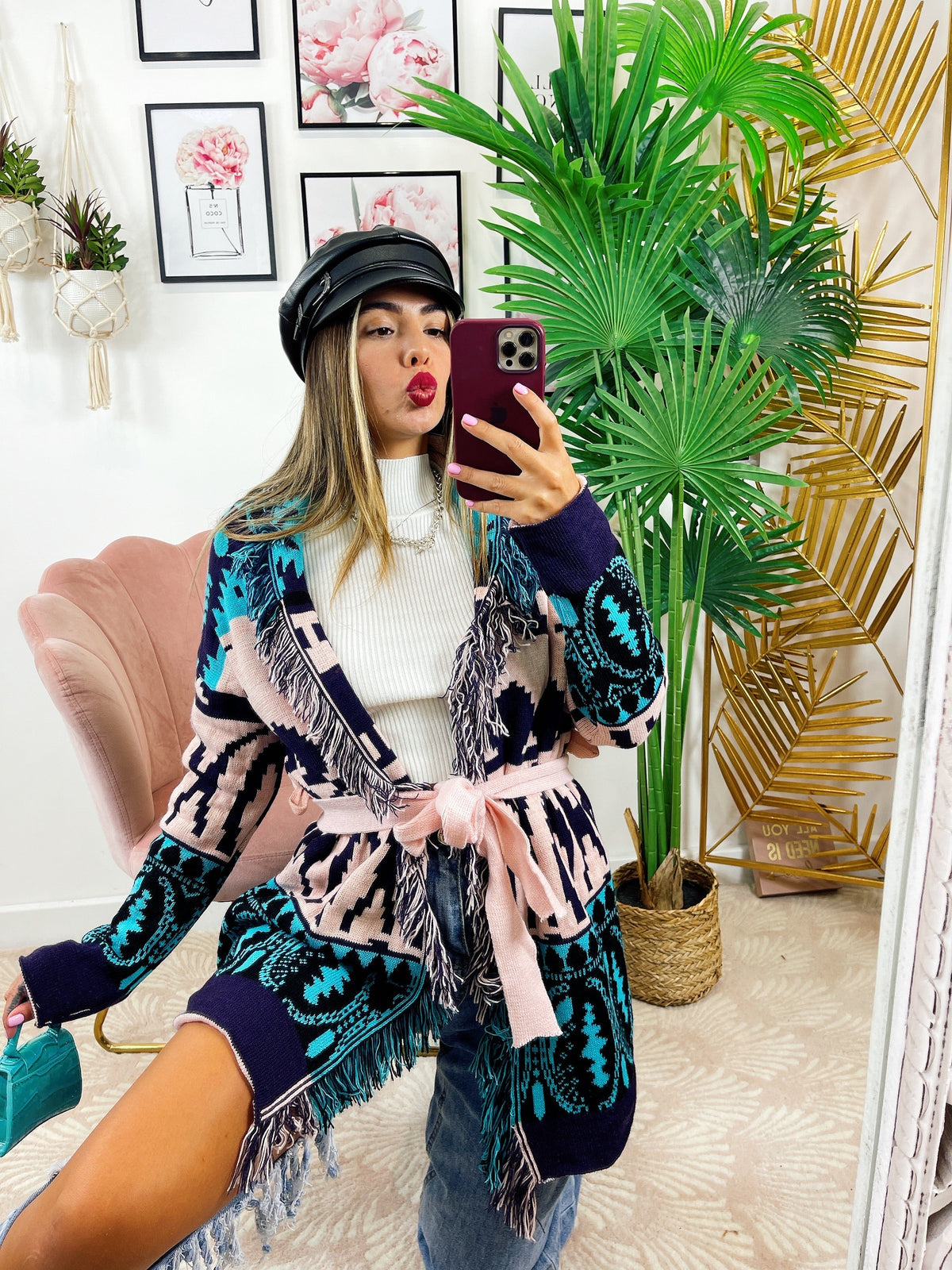 Cardigan con frange e cinta dettaglio Celeste