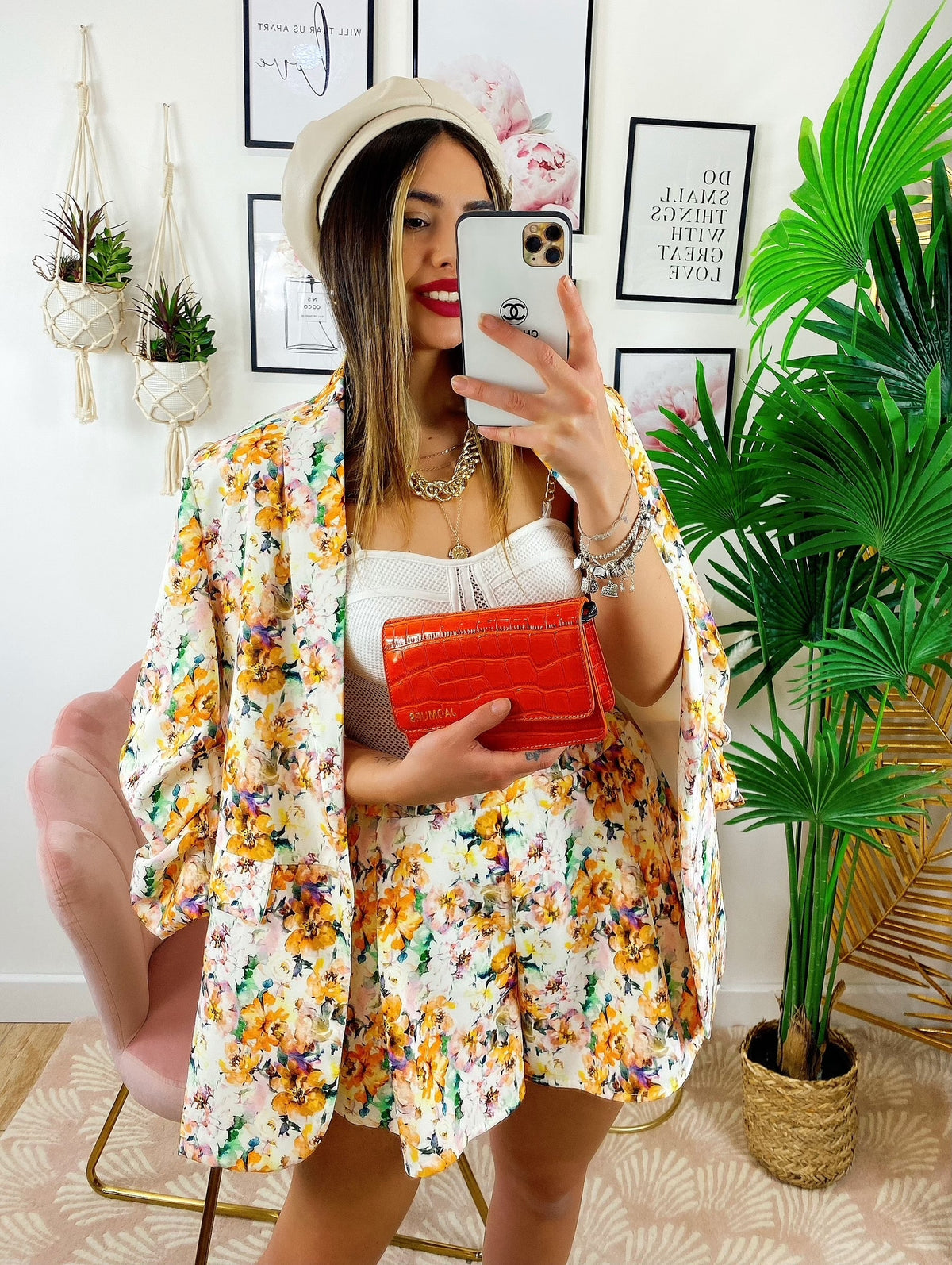 Completo Giacca e Short fiori Arancio
