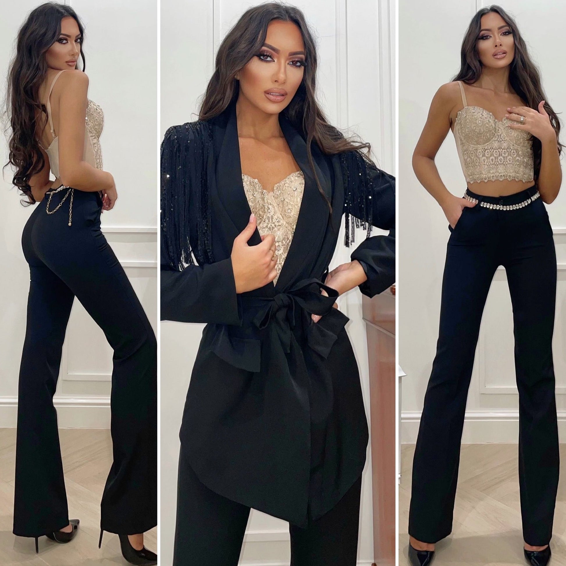 Completo giacca e pantalone frange paillettes nero