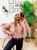 Maglione a trecce rosa, bottoni gioiello