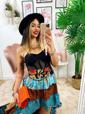 Gonna asimmetrica azzurra e Camel
