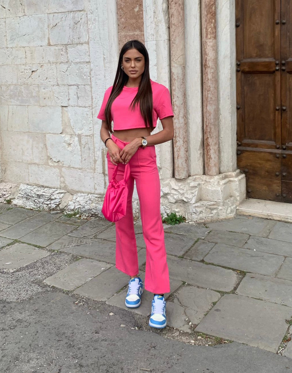 Completo maglia crop e pantalone Fuxia