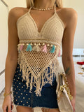 Top crochet beige con frange