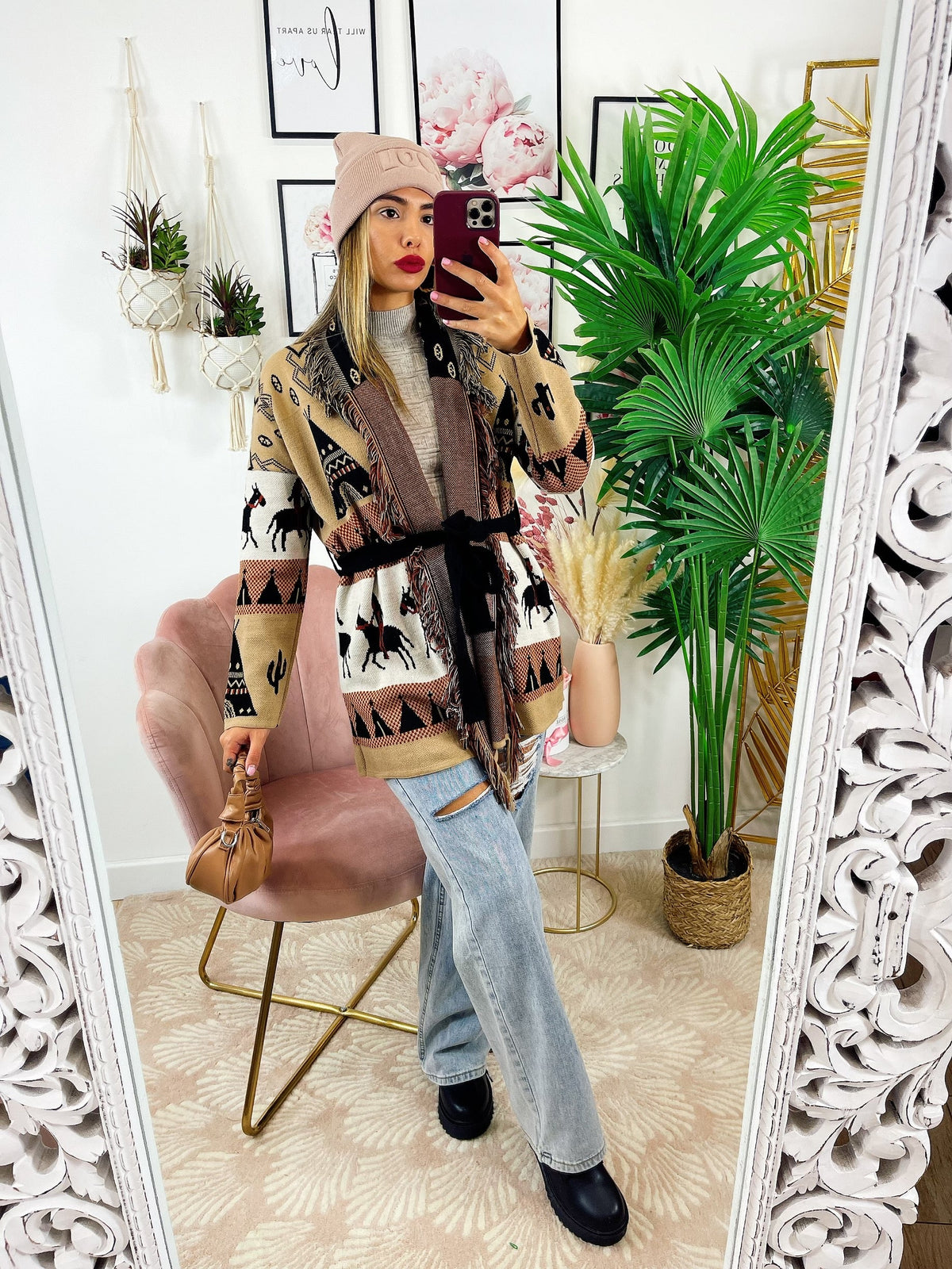 Cardigan frange e cinta dettaglio cavallo beige