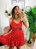 Abito a balze con gonna ampia a pois Rosso