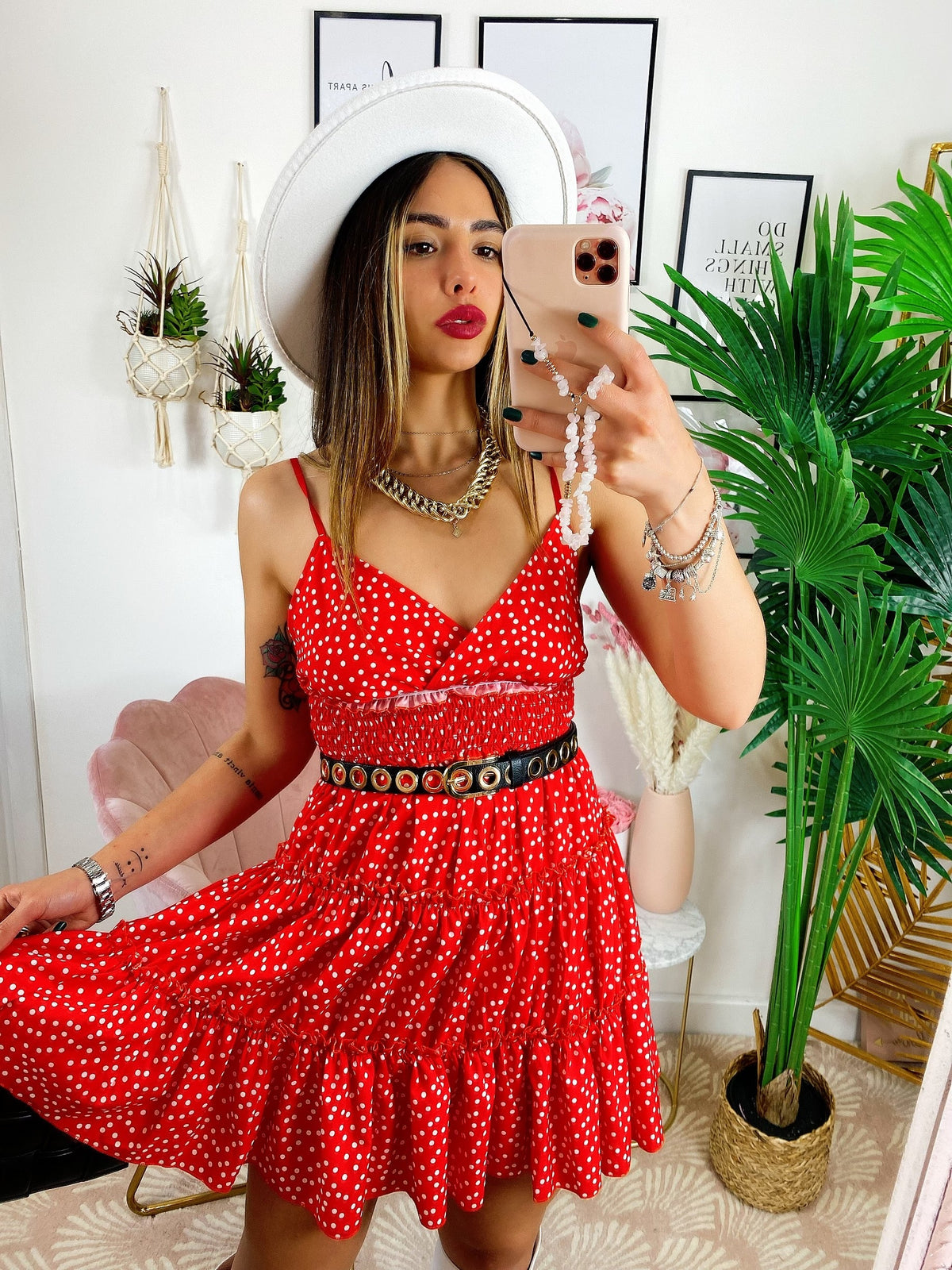 Abito a balze con gonna ampia a pois Rosso