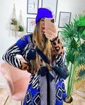 Cardigan Zebrato con frange e cinta in Blu