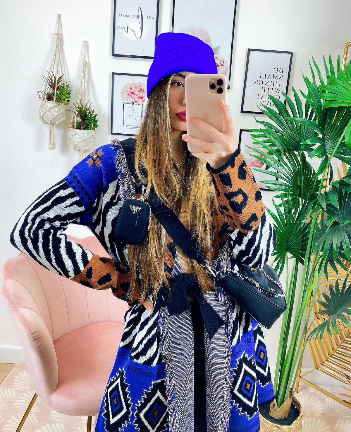 Cardigan Zebrato con frange e cinta in Blu