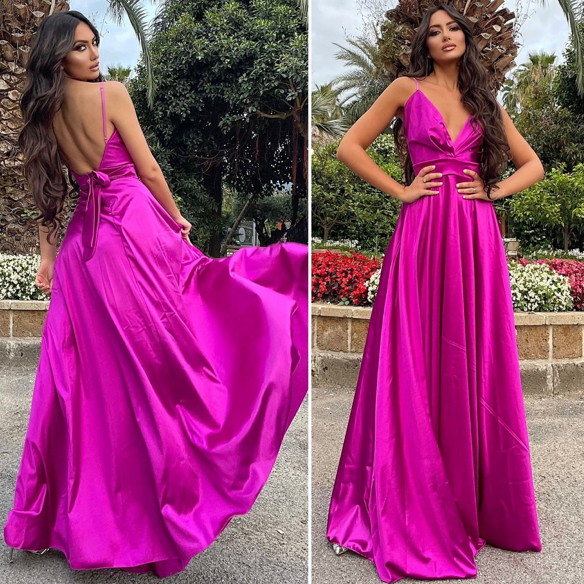 Abito in raso lungo con maxi gonna peonia