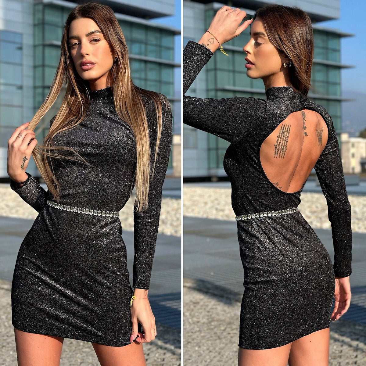 Abito schiena aperta glitter nero