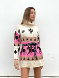 Maxi maglione collo alto con cavalli base Fuxia