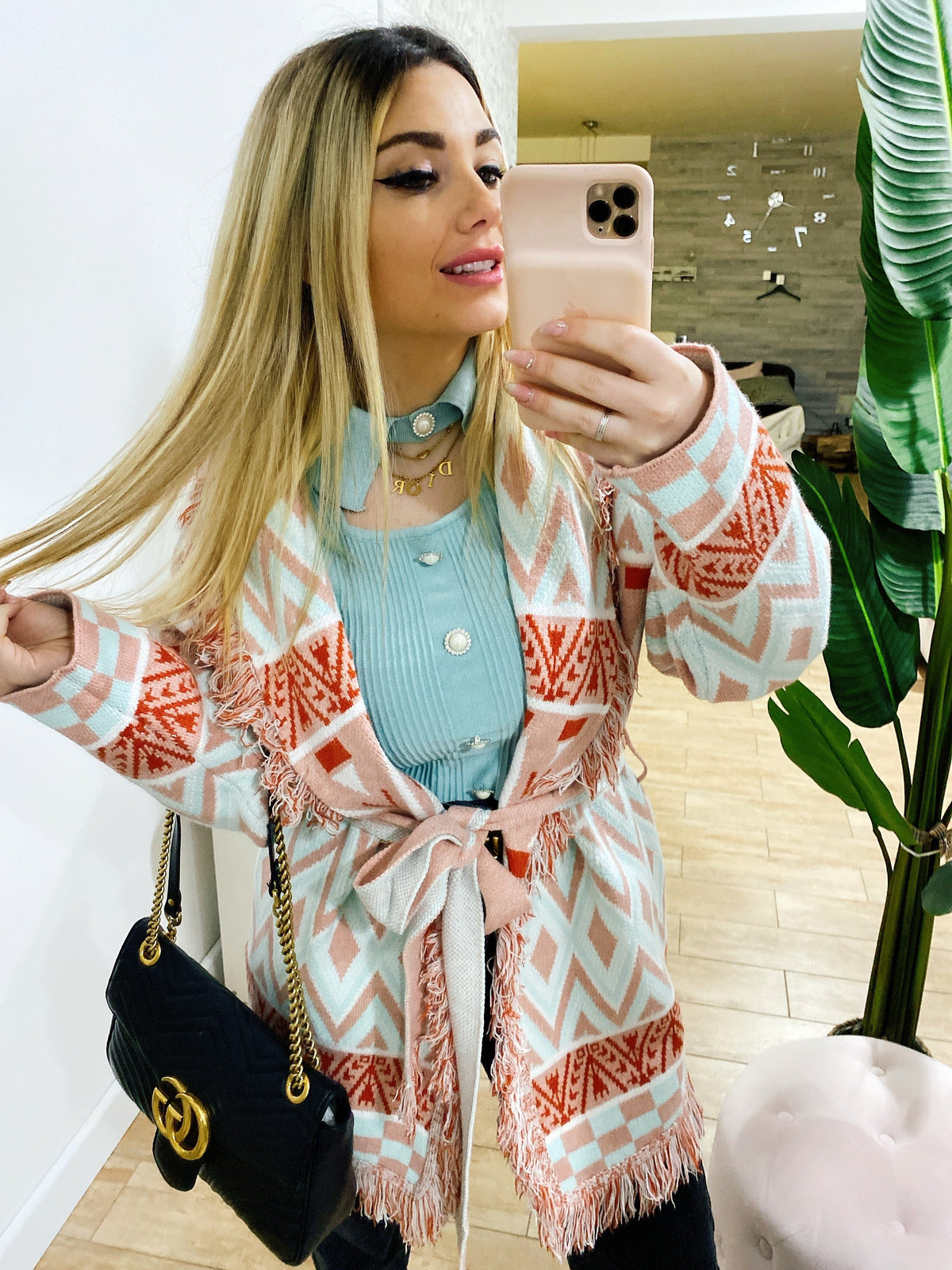 Cardigan frange e cinta pesca