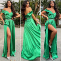 Abito in raso verde smeraldo scollo a barchetta