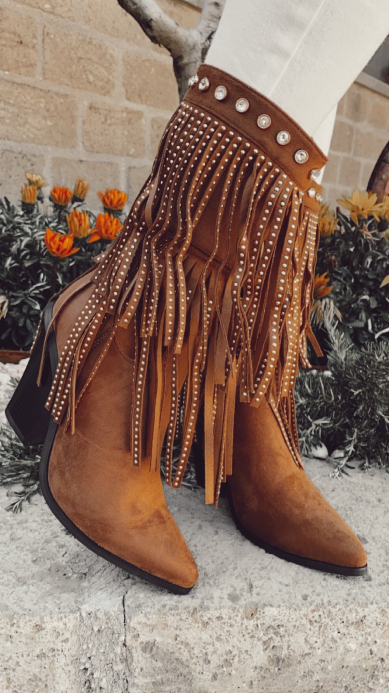 Stivaletto texano con frange camel
