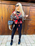 Cardigan corto frange e cinta rosso maculato