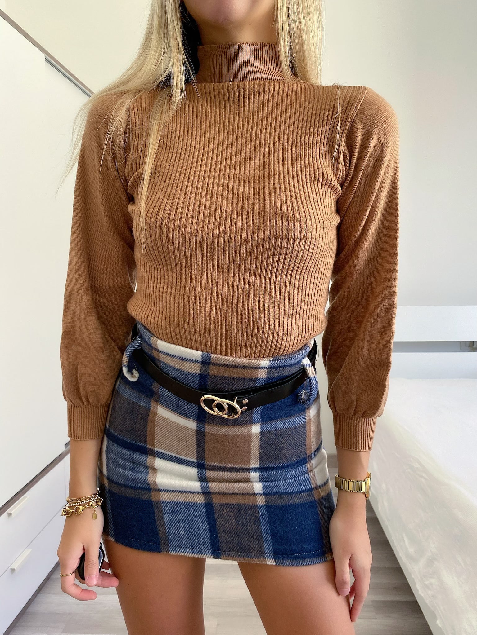 Gonna in tweed blu e beige