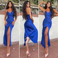 Abito in raso midi con bottoncini blu
